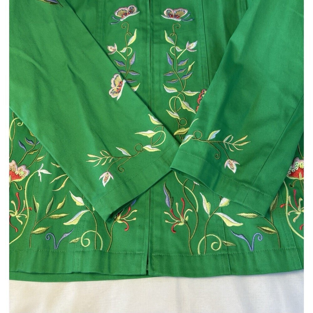 QUAKER FACTORY Green Floral Embroidered Zip Up Jacket Large Butterfly Spring NEW - Picture 7 of 16